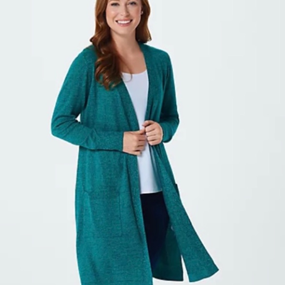 Denim & Company Teal Open-front Marled Duster Cardigan